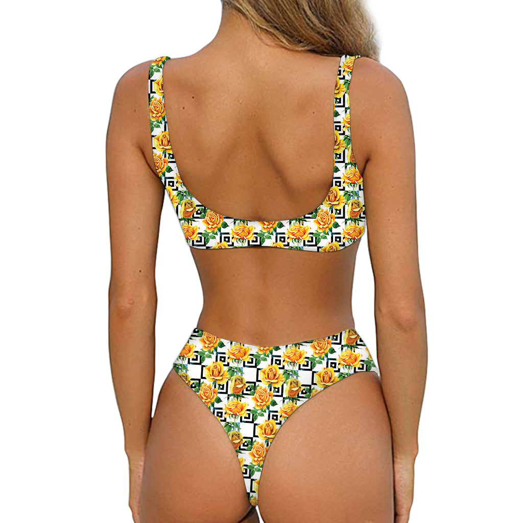 Yellow Watercolor Rose Print Front Bow Tie Bikini