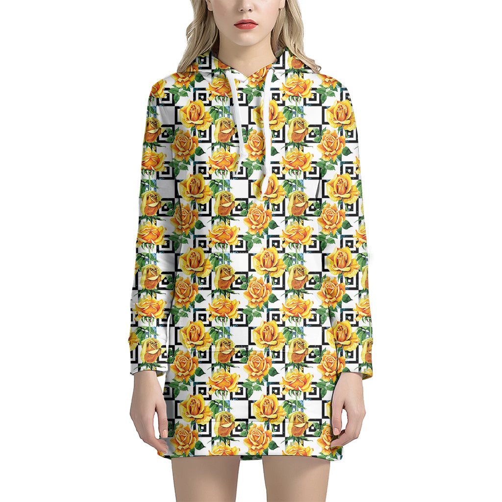 Yellow Watercolor Rose Print Hoodie Dress
