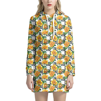 Yellow Watercolor Rose Print Hoodie Dress