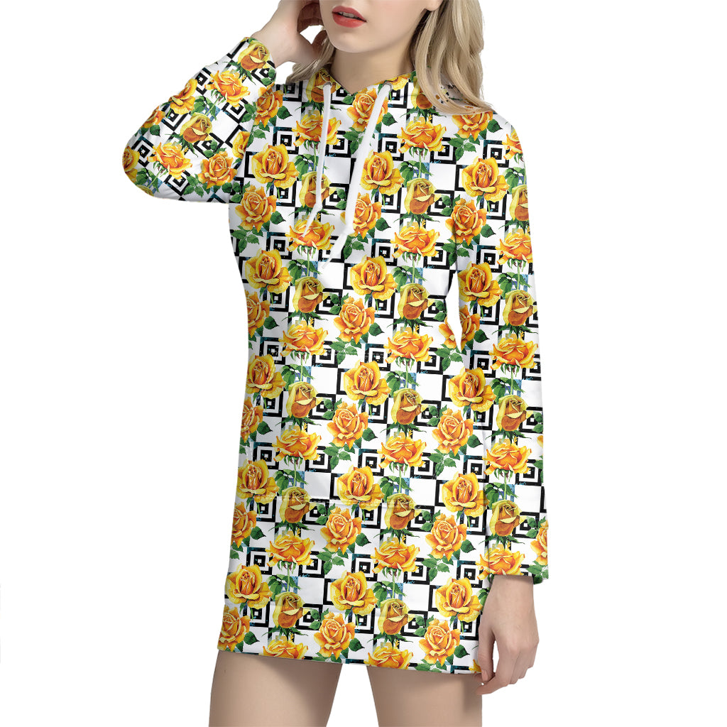 Yellow Watercolor Rose Print Hoodie Dress