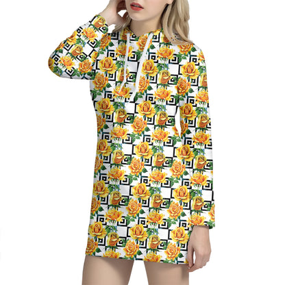 Yellow Watercolor Rose Print Hoodie Dress