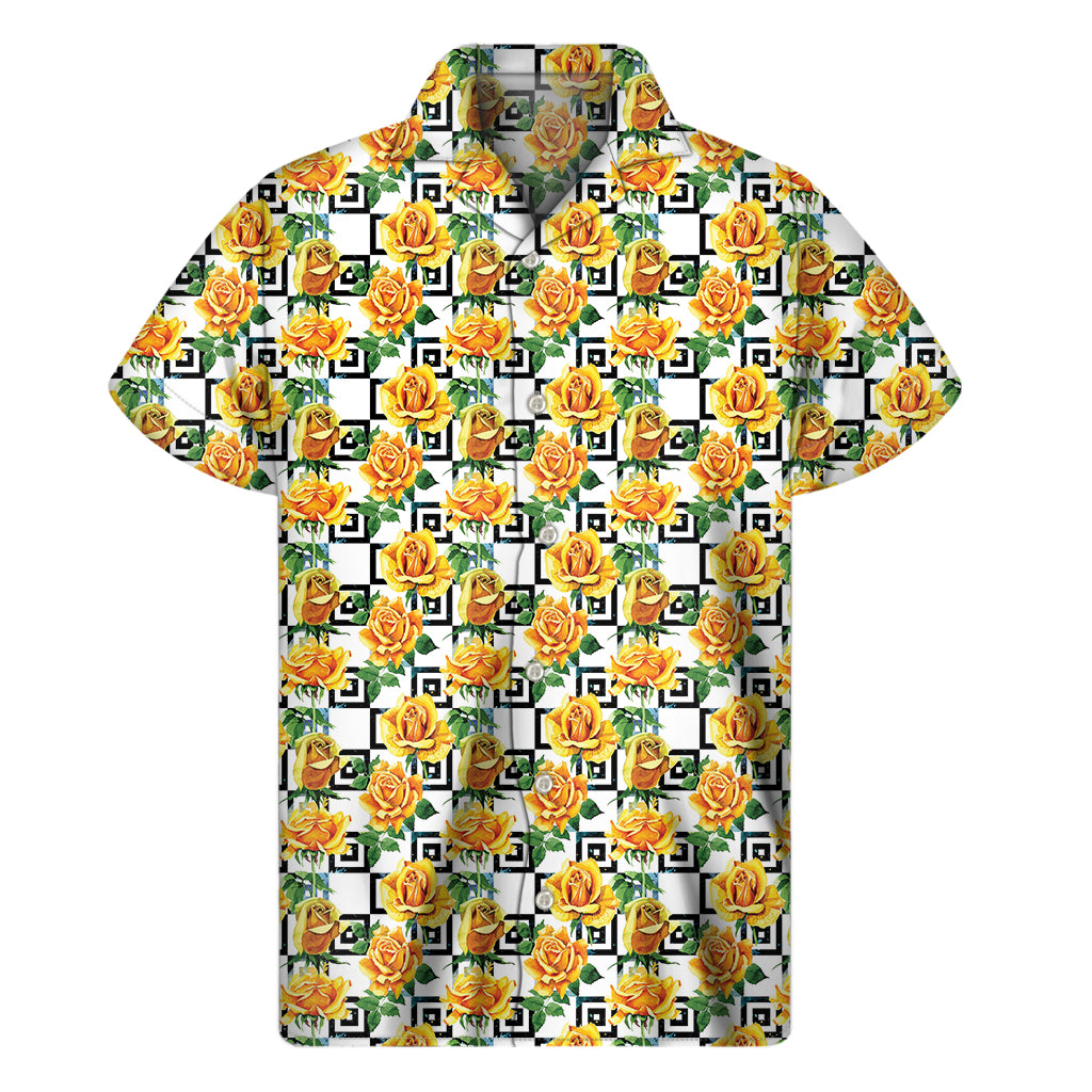 Yellow Watercolor Rose Print Men's Short Sleeve Shirt