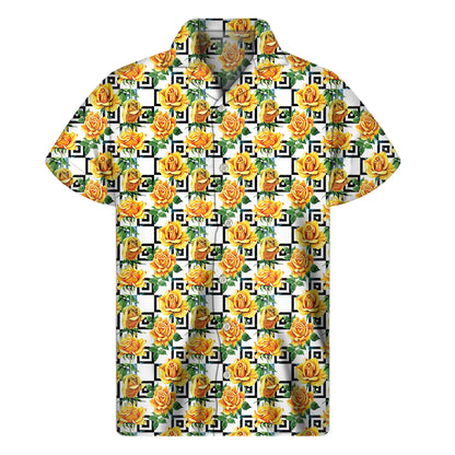 Yellow Watercolor Rose Print Men's Short Sleeve Shirt