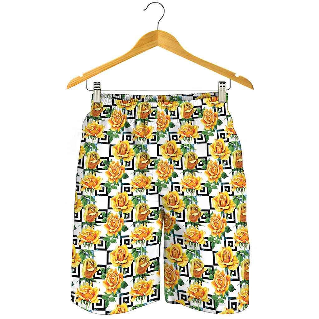 Yellow Watercolor Rose Print Men's Shorts
