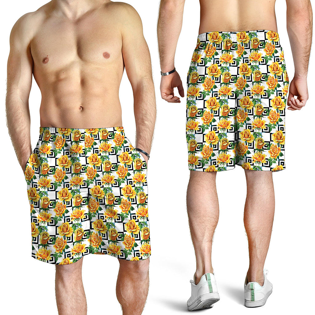 Yellow Watercolor Rose Print Men's Shorts