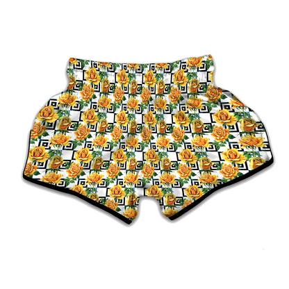 Yellow Watercolor Rose Print Muay Thai Boxing Shorts