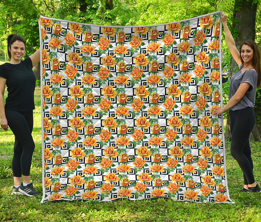 Yellow Watercolor Rose Print Quilt