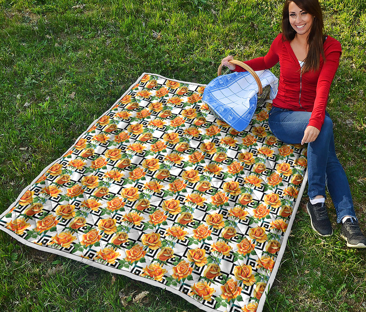Yellow Watercolor Rose Print Quilt