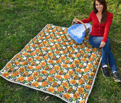 Yellow Watercolor Rose Print Quilt