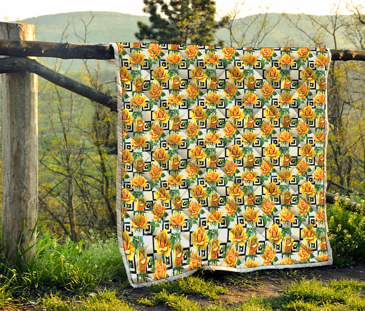 Yellow Watercolor Rose Print Quilt