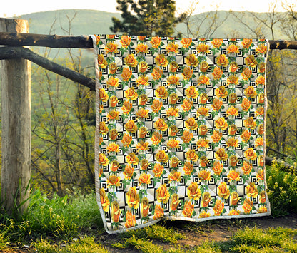 Yellow Watercolor Rose Print Quilt
