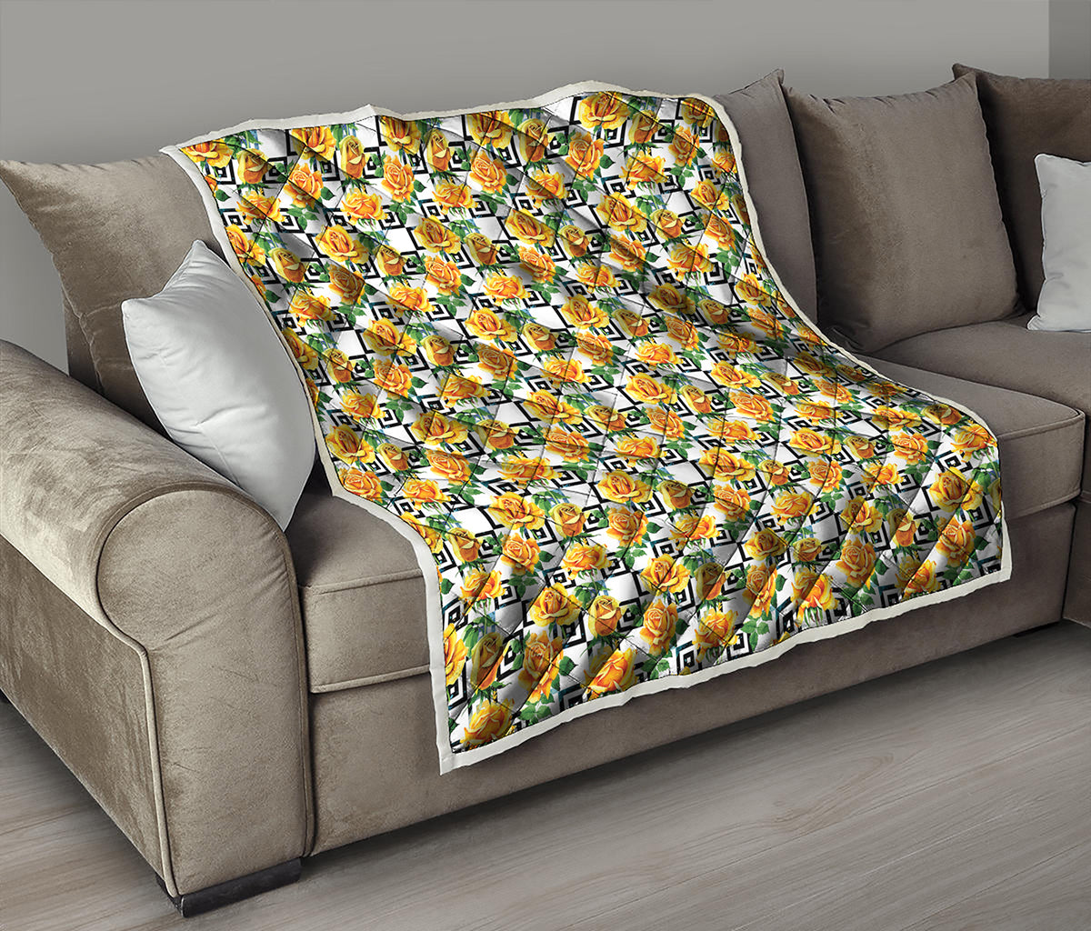 Yellow Watercolor Rose Print Quilt