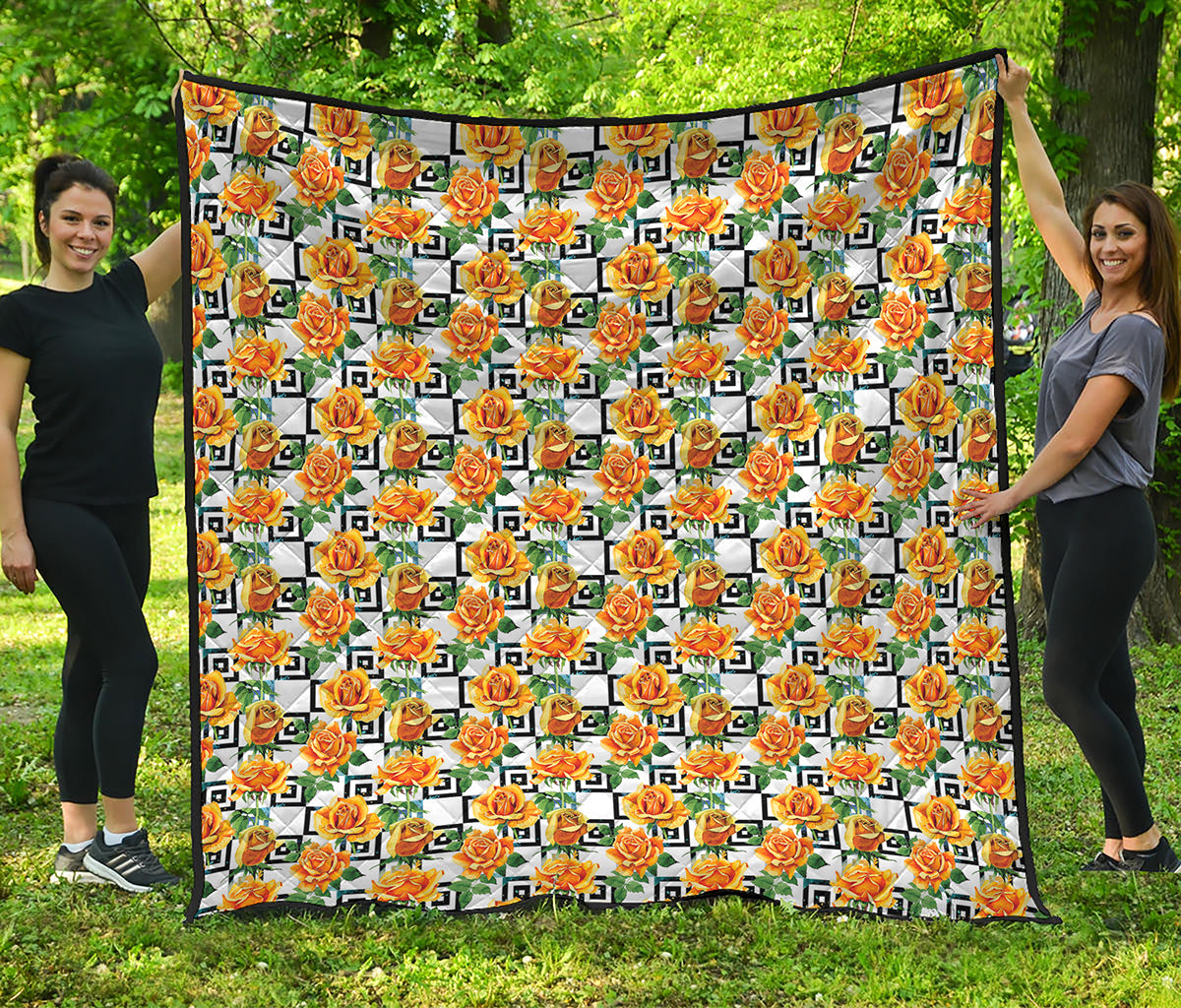 Yellow Watercolor Rose Print Quilt