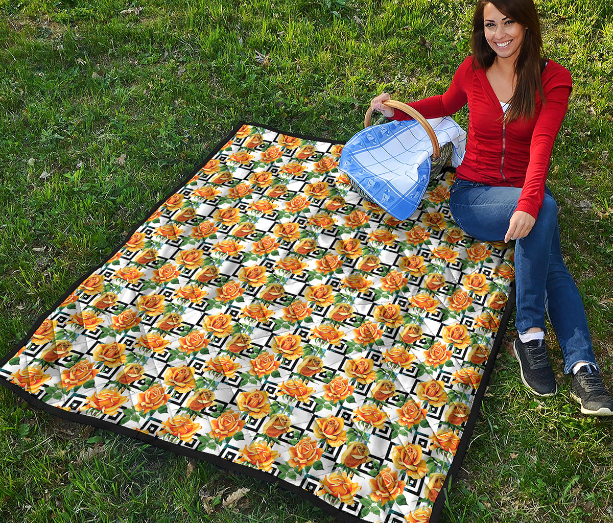 Yellow Watercolor Rose Print Quilt