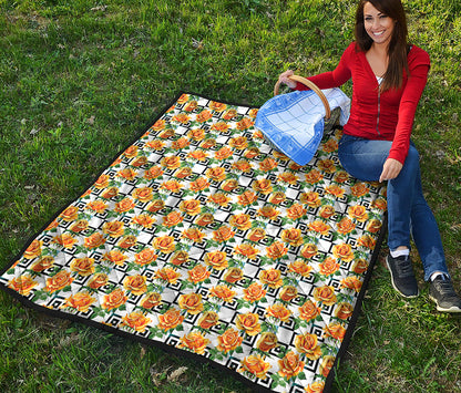 Yellow Watercolor Rose Print Quilt