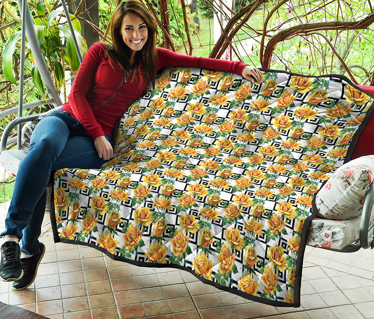 Yellow Watercolor Rose Print Quilt