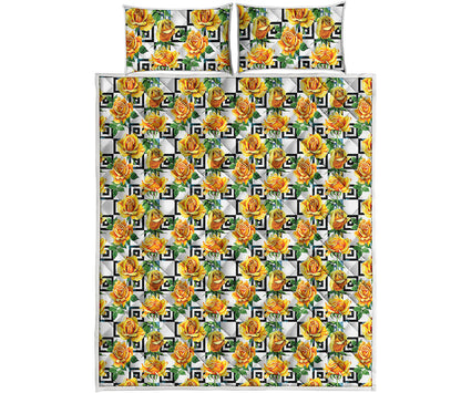 Yellow Watercolor Rose Print Quilt Bed Set