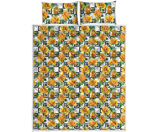 Yellow Watercolor Rose Print Quilt Bed Set
