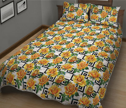 Yellow Watercolor Rose Print Quilt Bed Set
