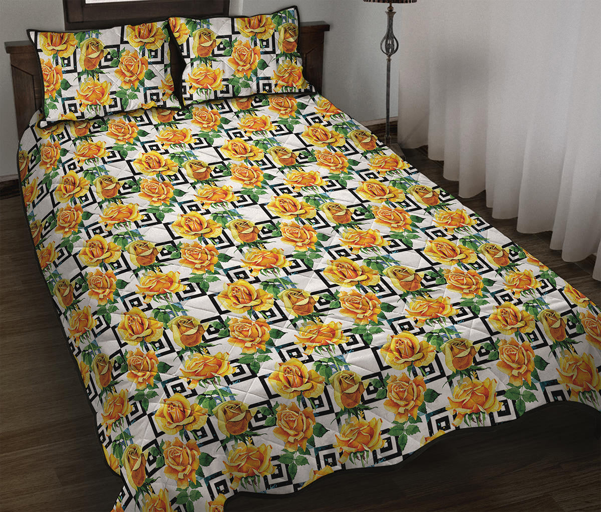 Yellow Watercolor Rose Print Quilt Bed Set