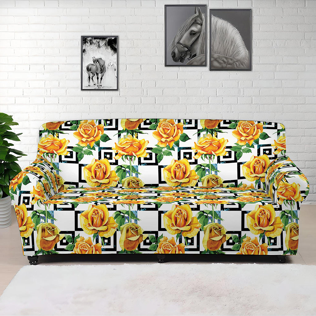 Yellow Watercolor Rose Print Sofa Cover