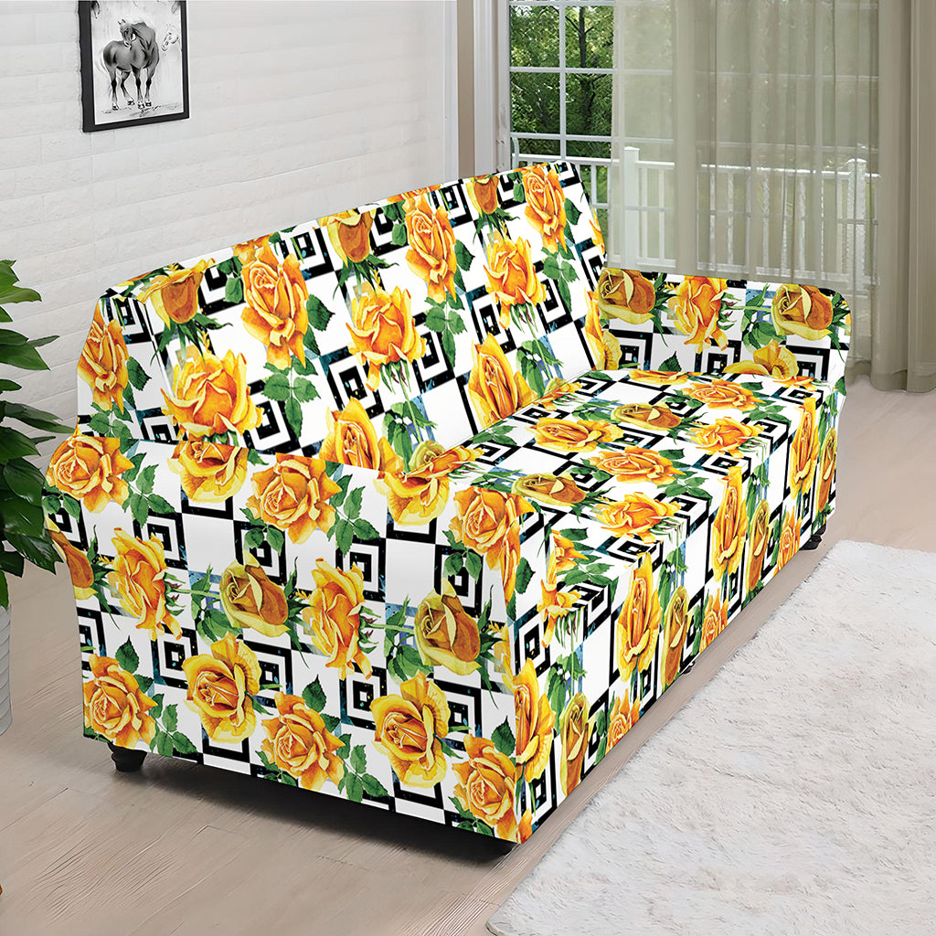 Yellow Watercolor Rose Print Sofa Cover