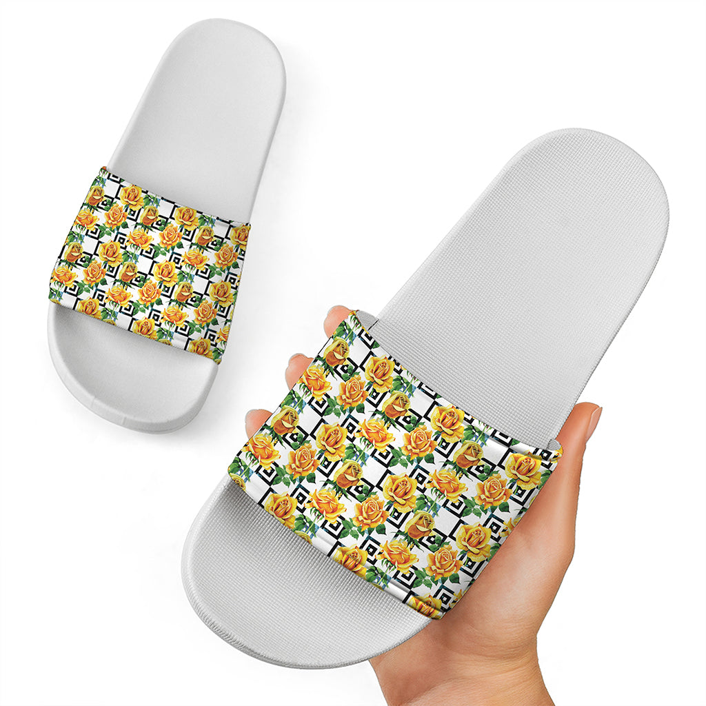 Yellow Watercolor Rose Print White Slide Sandals