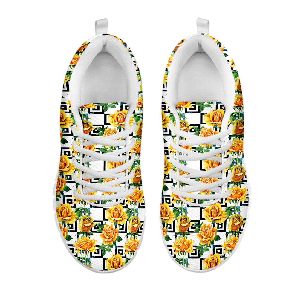 Yellow Watercolor Rose Print White Sneakers