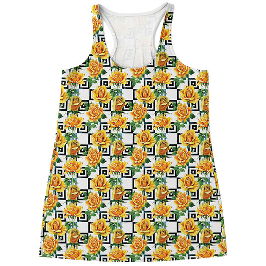 Yellow Watercolor Rose Print Women's Racerback Tank Top