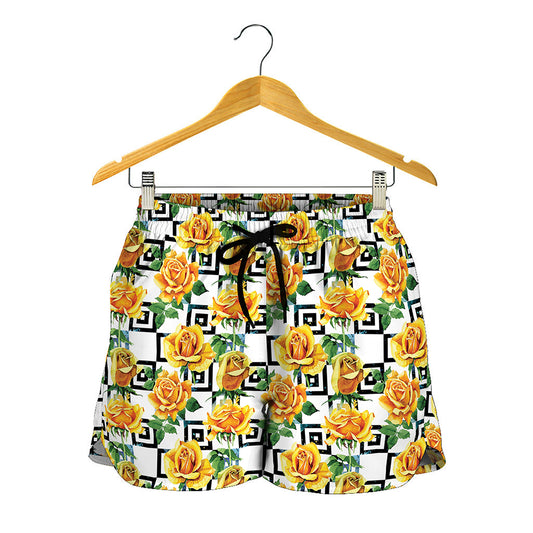 Yellow Watercolor Rose Print Women's Shorts