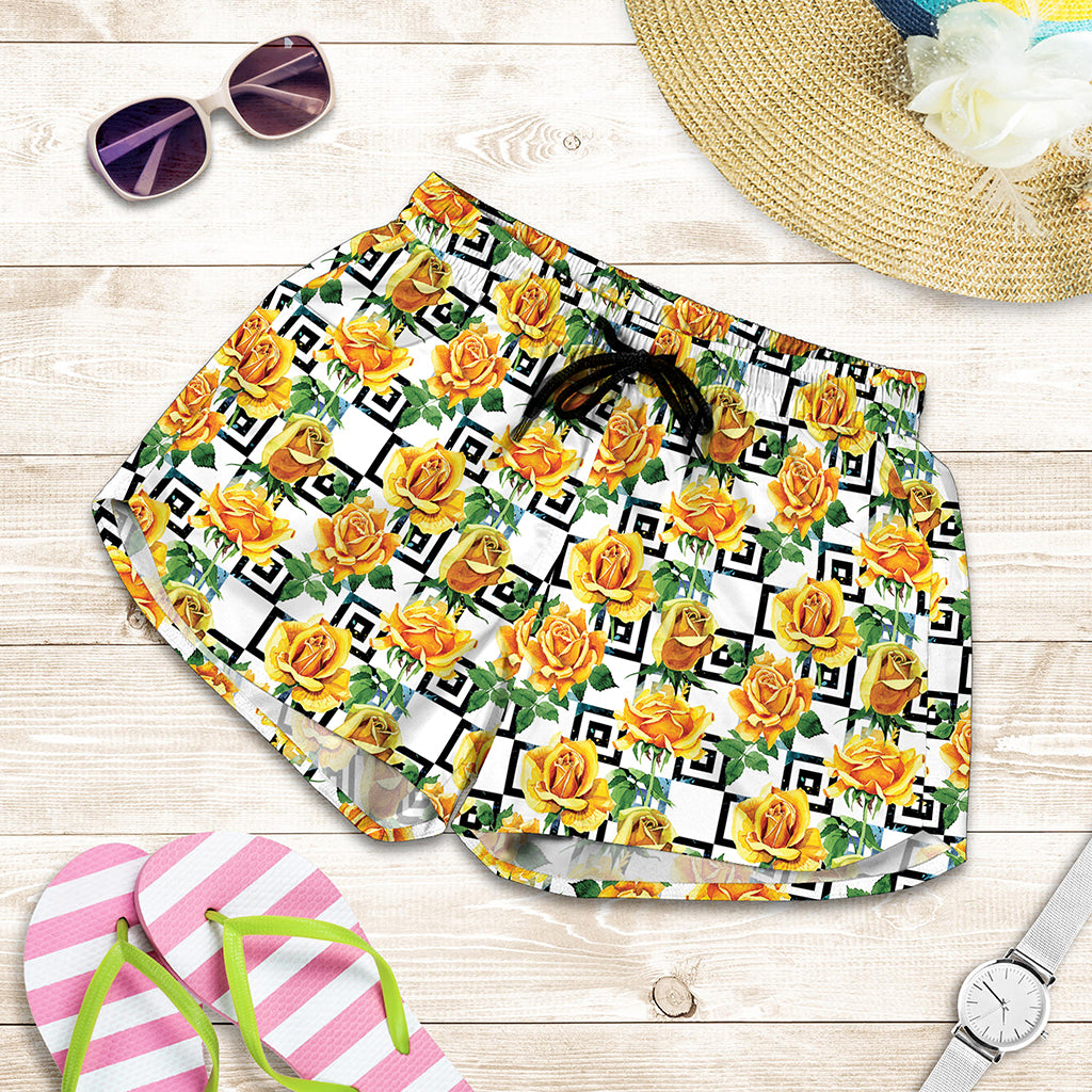 Yellow Watercolor Rose Print Women's Shorts