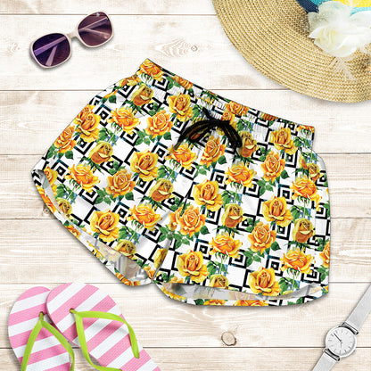 Yellow Watercolor Rose Print Women's Shorts