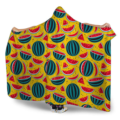 Yellow Watermelon Pieces Pattern Print Hooded Blanket
