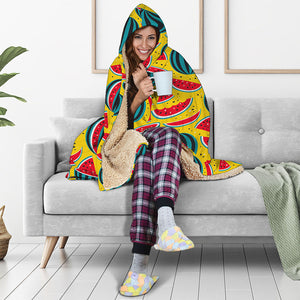 Yellow Watermelon Pieces Pattern Print Hooded Blanket