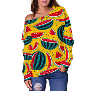 Yellow Watermelon Pieces Pattern Print Off Shoulder Sweatshirt GearFrost