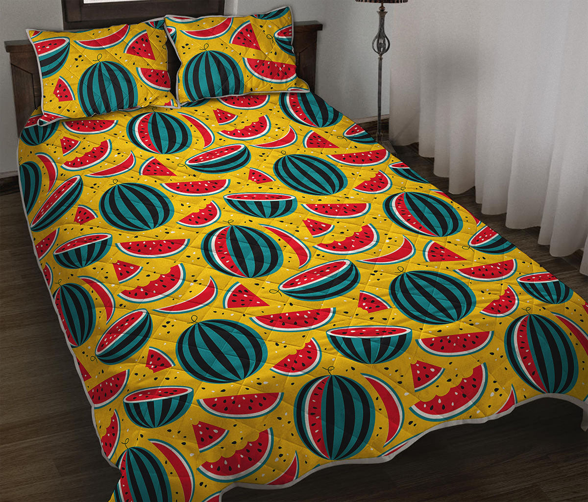 Yellow Watermelon Pieces Pattern Print Quilt Bed Set