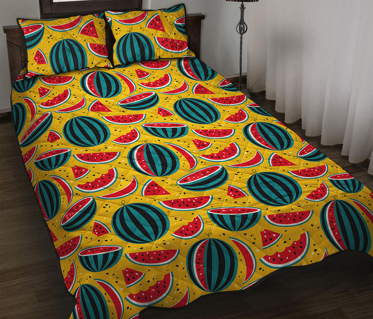 Yellow Watermelon Pieces Pattern Print Quilt Bed Set
