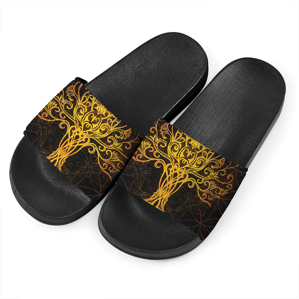 Yggdrasil Tree Of Life Print Black Slide Sandals