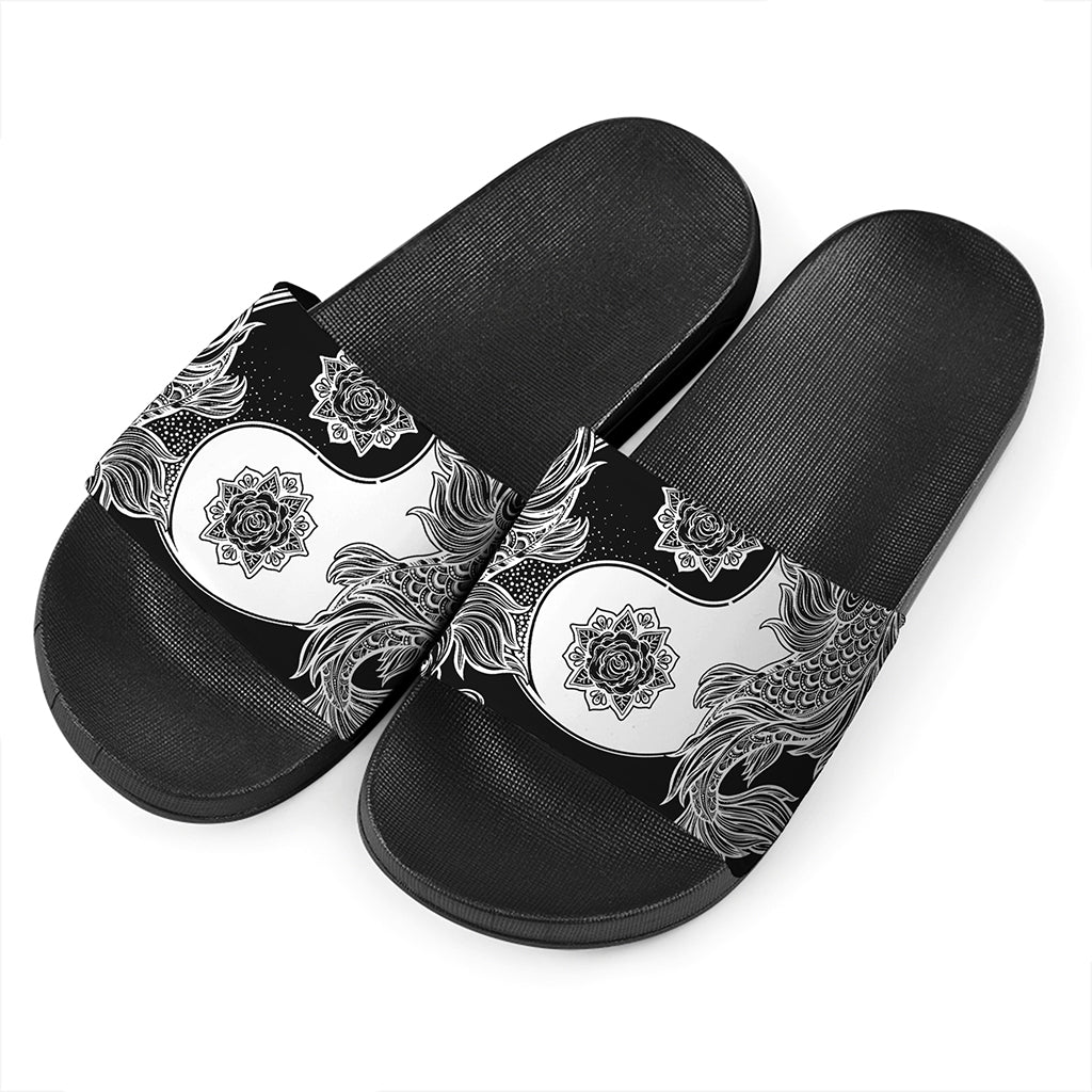 Yin And Yang Koi Carp Fish Print Black Slide Sandals