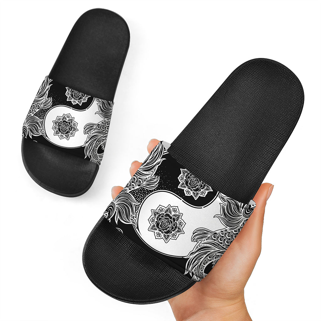 Yin And Yang Koi Carp Fish Print Black Slide Sandals