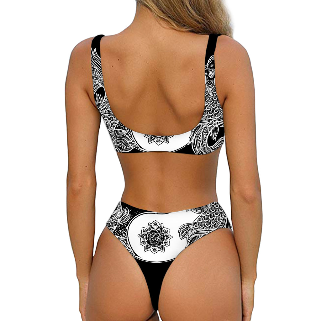 Yin And Yang Koi Carp Fish Print Front Bow Tie Bikini