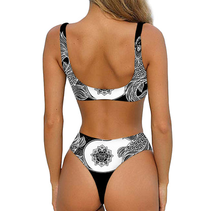 Yin And Yang Koi Carp Fish Print Front Bow Tie Bikini