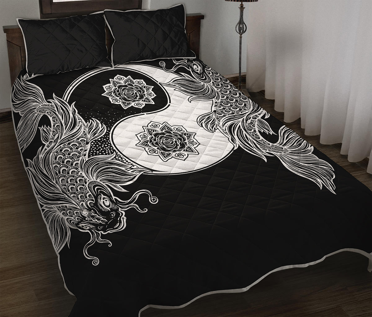 Yin And Yang Koi Carp Fish Print Quilt Bed Set