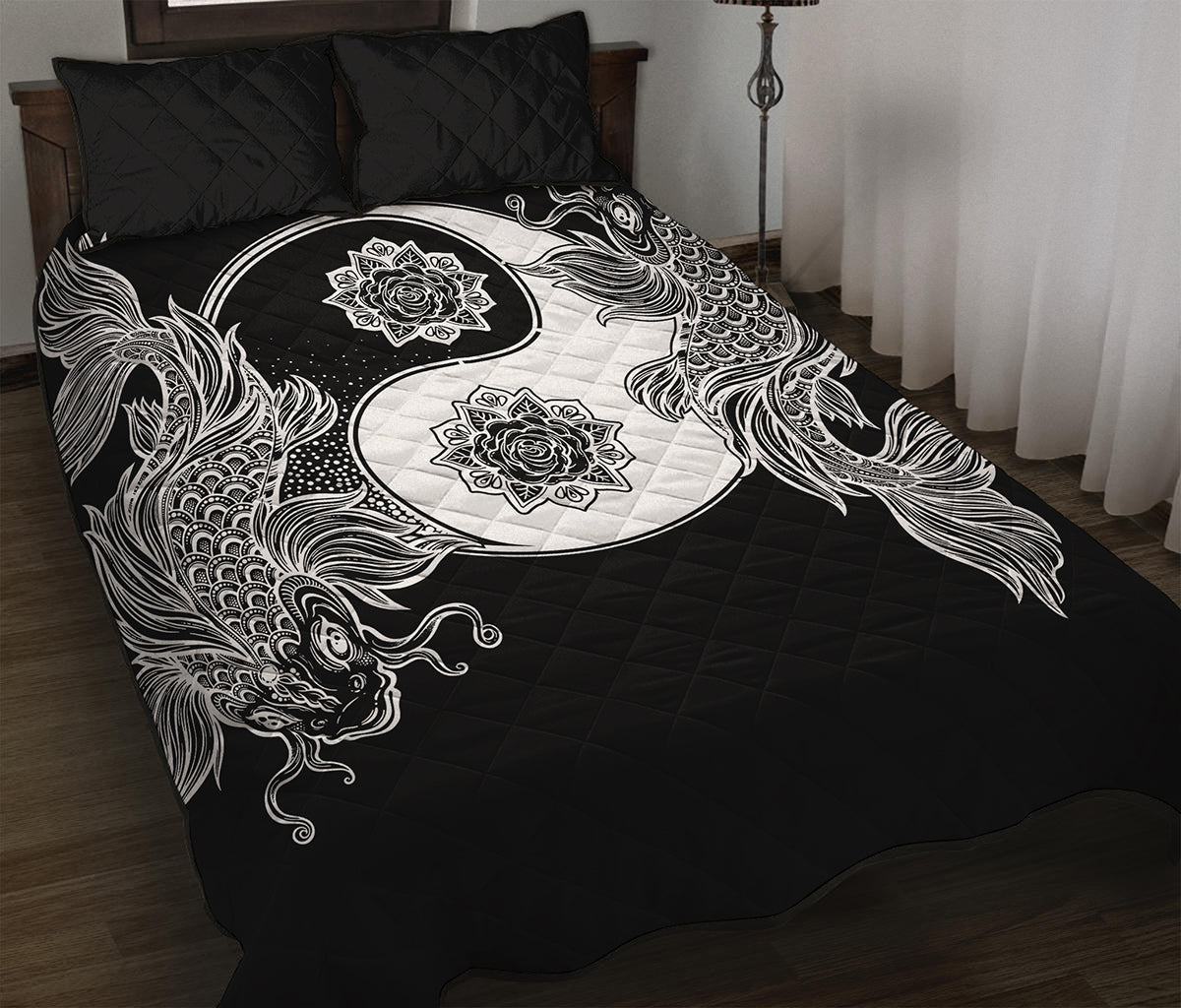 Yin And Yang Koi Carp Fish Print Quilt Bed Set