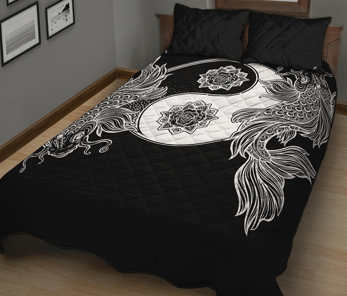 Yin And Yang Koi Carp Fish Print Quilt Bed Set