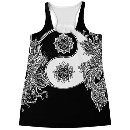 Yin And Yang Koi Carp Fish Print Women's Racerback Tank Top
