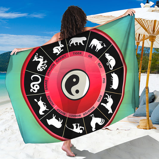 Yin Yang Chinese Zodiac Signs Print Beach Sarong Wrap