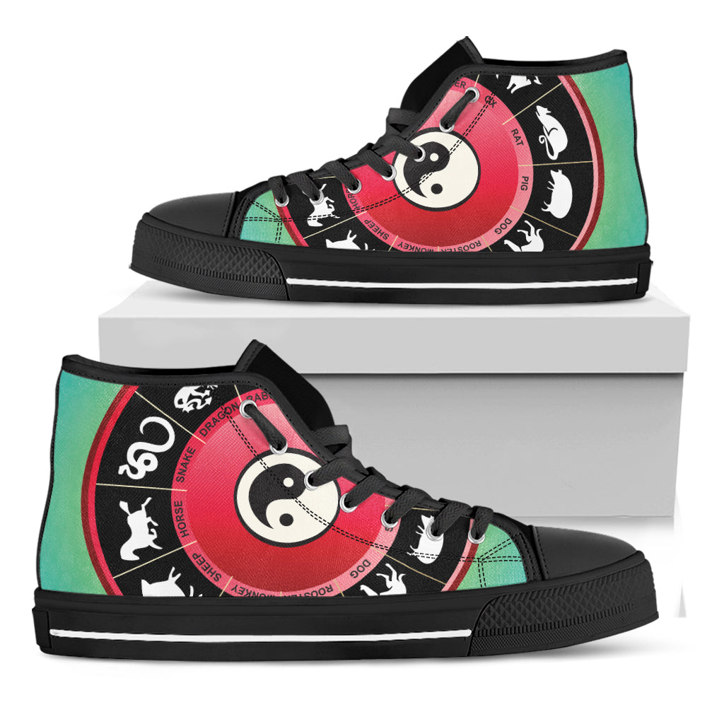 Yin Yang Chinese Zodiac Signs Print Black High Top Shoes