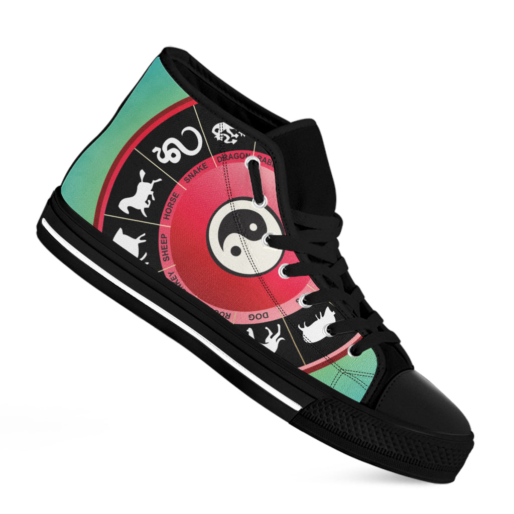 Yin Yang Chinese Zodiac Signs Print Black High Top Shoes
