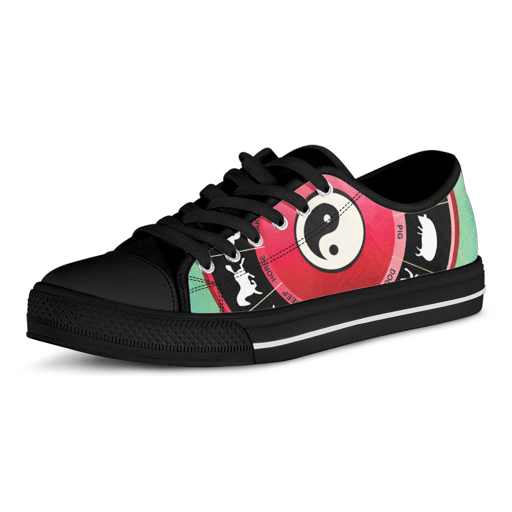 Yin Yang Chinese Zodiac Signs Print Black Low Top Shoes 